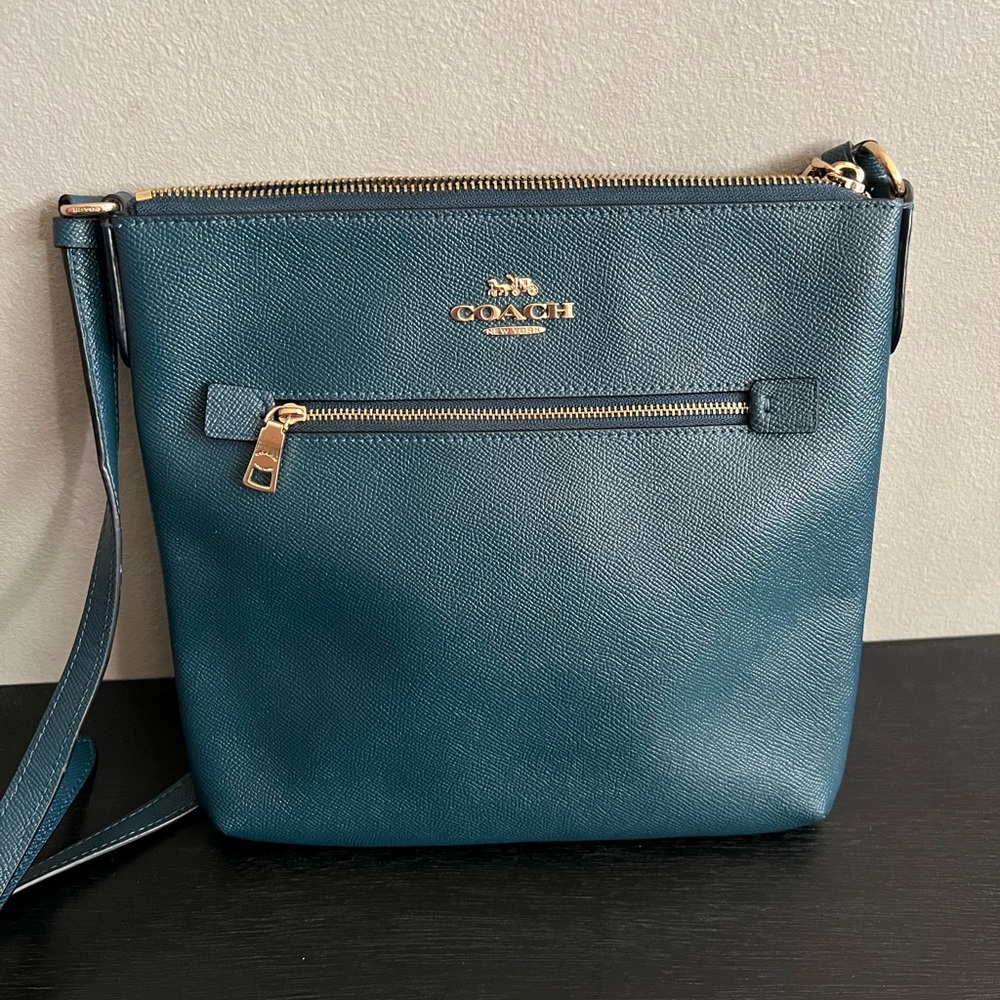 Coach Rowan Leather Crossbody Leather File Bag Deep BlueTurquoise Gold Hardware